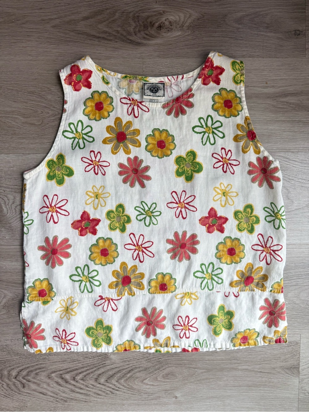 Tom Tom California Vintage 100% Linen Top with Red, Yellow & Green Floral Print
